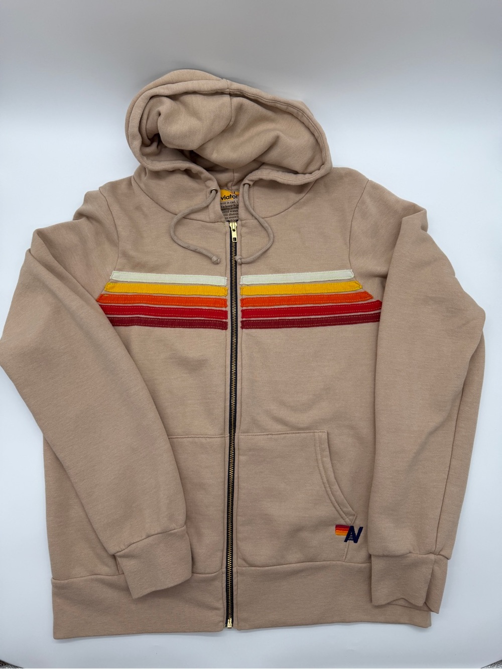 Classic 5-Stripe Full-Zip Hoodie Tan Beige Size Large California Vintage Vibe